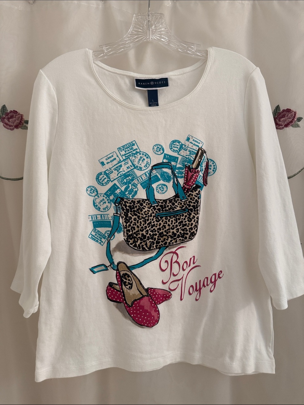 Karen Scott White T-Shirt with Bon Voyage Graphic